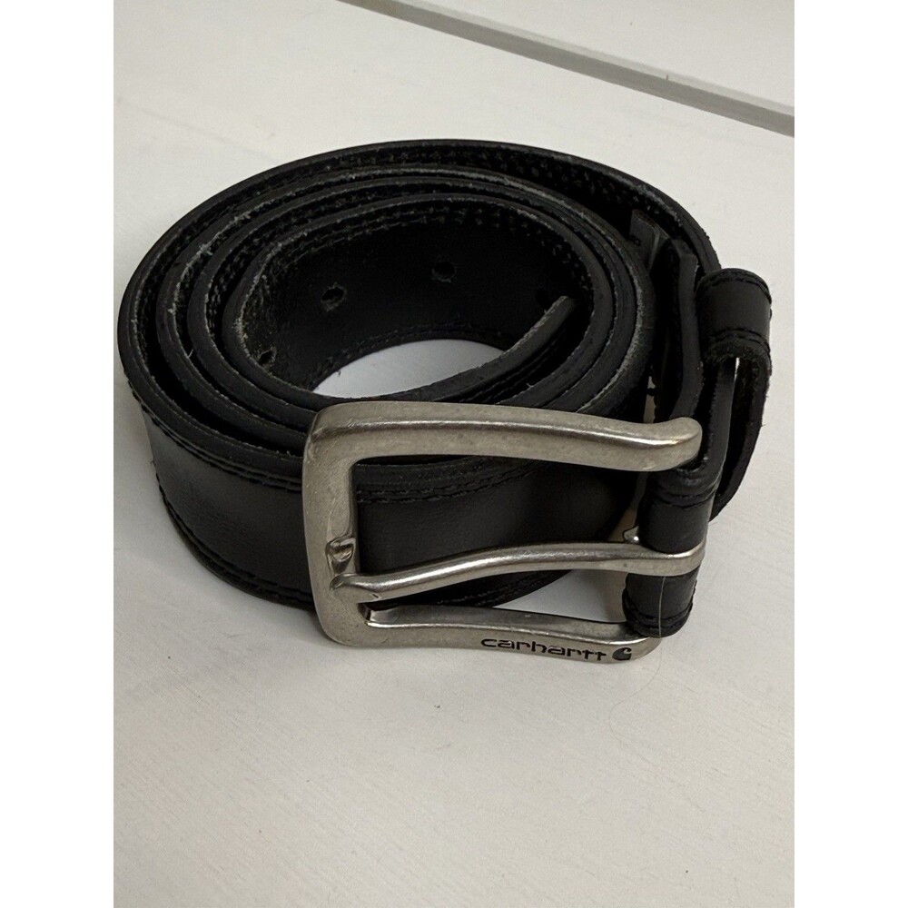 Carhartt Black Leather Belt Silver Buckle Size 38 Made In USA Workwear